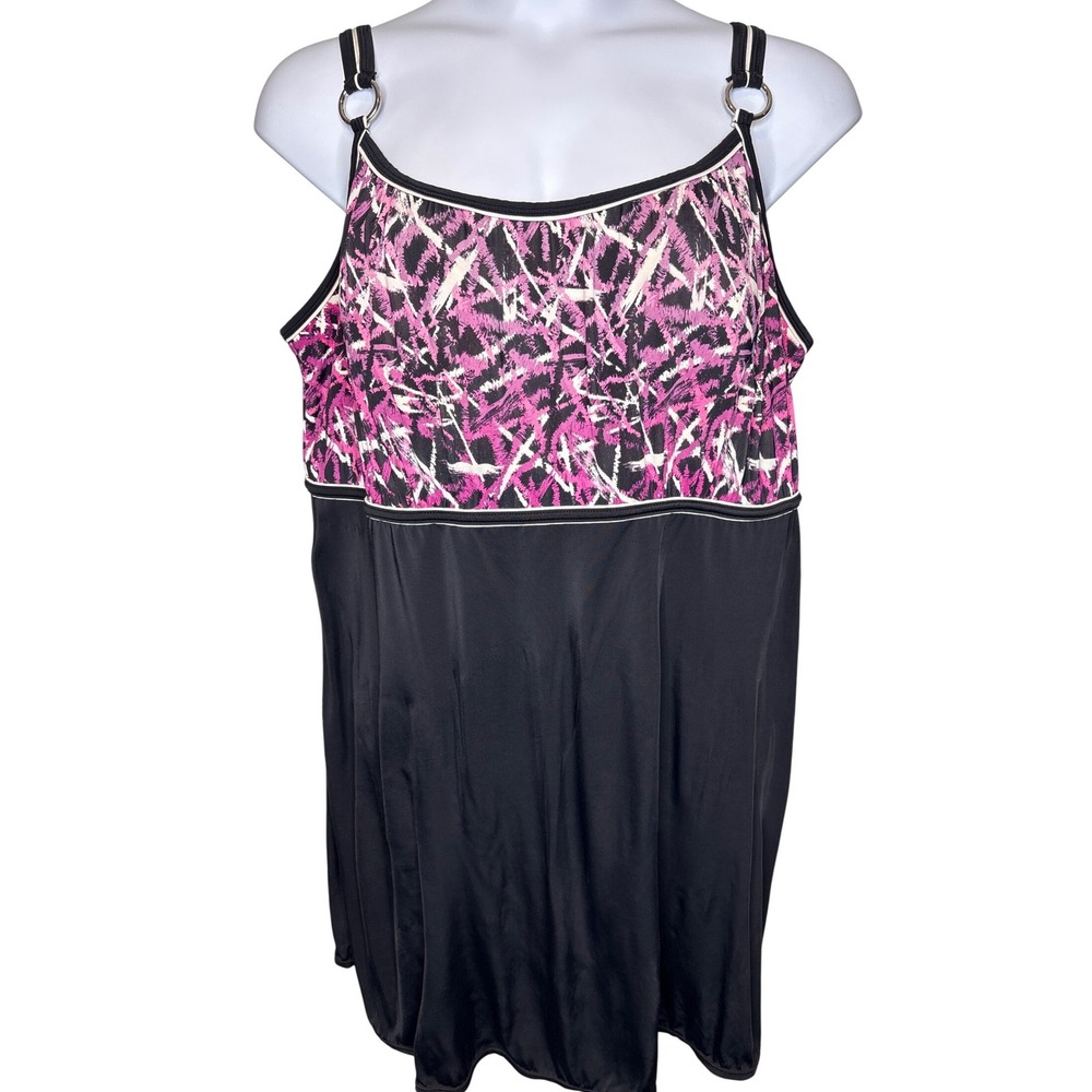 Catherines Womens Black Pink Abstract One Piece Swimdress 24W Modest O-Ring